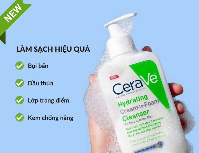 Sữa rửa mặt làm sạch da Cerave Hydrating Cream To Foam Cleanser sẽ dưỡng ẩm hiệu quả cho làn da của bạn