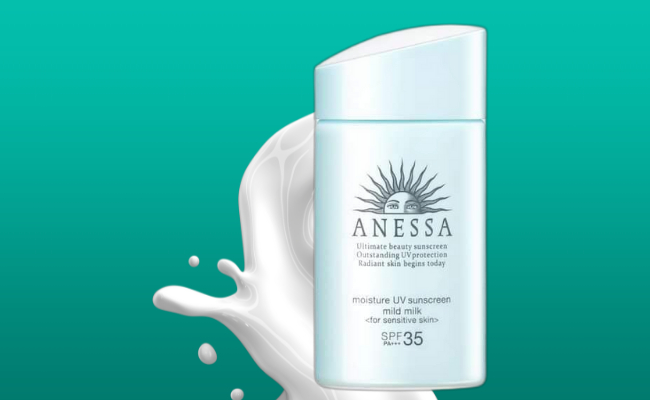 Kem chống nắng Anessa Moisture UV Sunscreen Mild Milk an toàn cho da nhạy cảm.