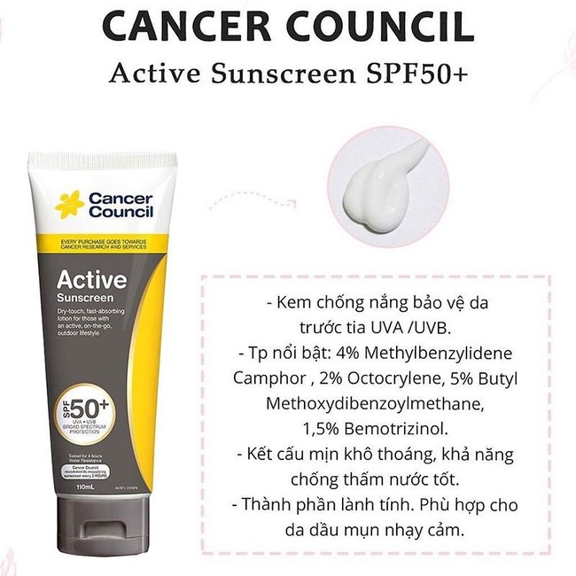 Kem chống nắng body Cancer Council Active 