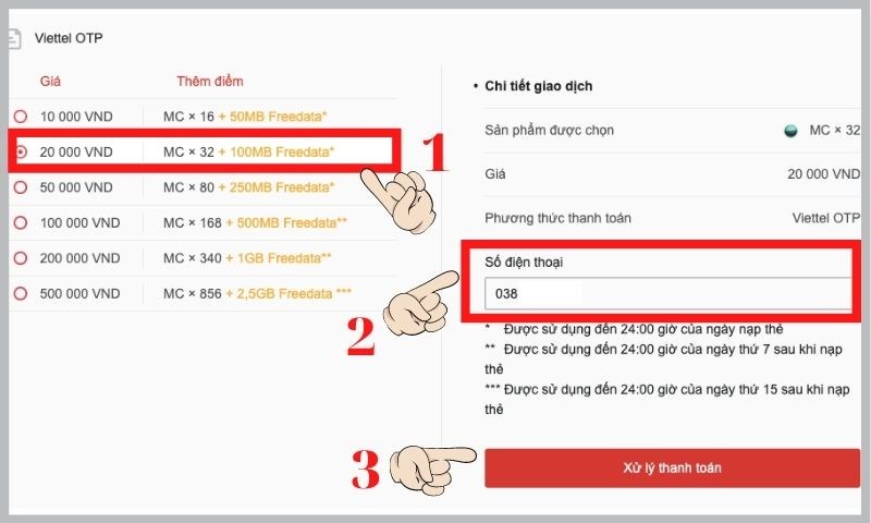 chọn mệnh giá và nhập Số điện thoại đúng nhà mạng