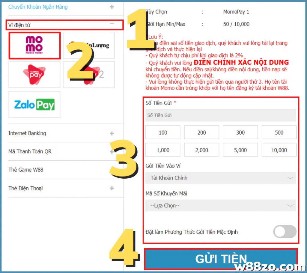 Nạp tiền vào W88 cực nhanh bằng MoMo với bốn bước đơn giản 