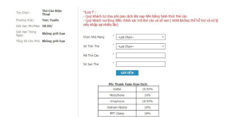 Nạp tiền vào W88 nhanh chóng với thẻ cào điện thoại