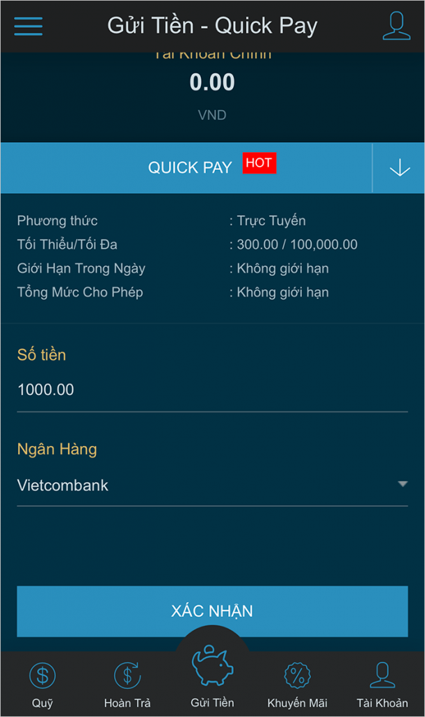 Thực hiện chuyển tiền vào tài khoản W88 bằng Quickpay vô cùng tiện lợi