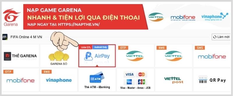 Bấm chọn hình thức thanh toán qua ví Airpay để nạp game fifa online 4