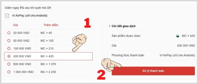 Chọn mệnh giá cần nạp và bấm xử lý thanh toán