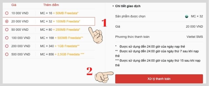 Chọn mệnh giá muốn nạp và bấm chọn Xử lý thanh toán