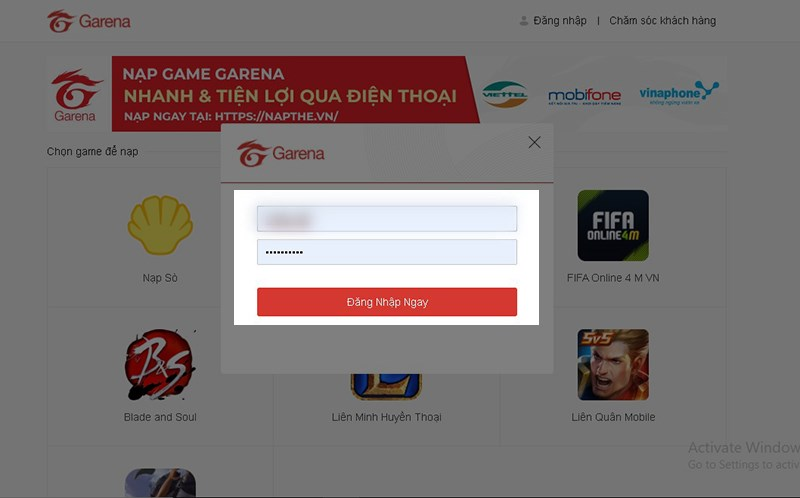 Đăng nhập tài khoản Garena để xem lịch sử nạp thẻ Garena