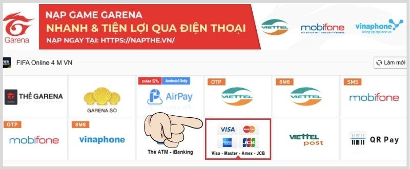 thanh toán nạp game fifa online 4 bằng thẻ Visa, Mastercard