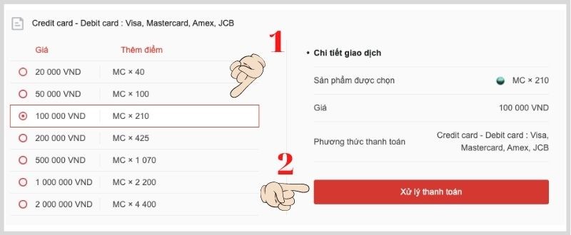 Chọn mệnh giá cần nạp và bấm chọn Xử lý thanh toán