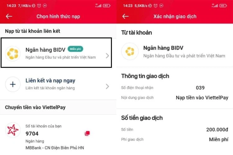 Cách nạp tiền vào ViettelPay bằng tài khoản ngân hàng