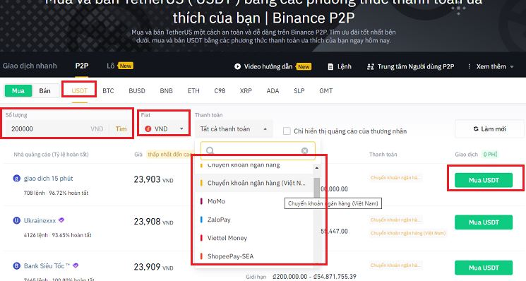 Các bước nạp tiền P2P