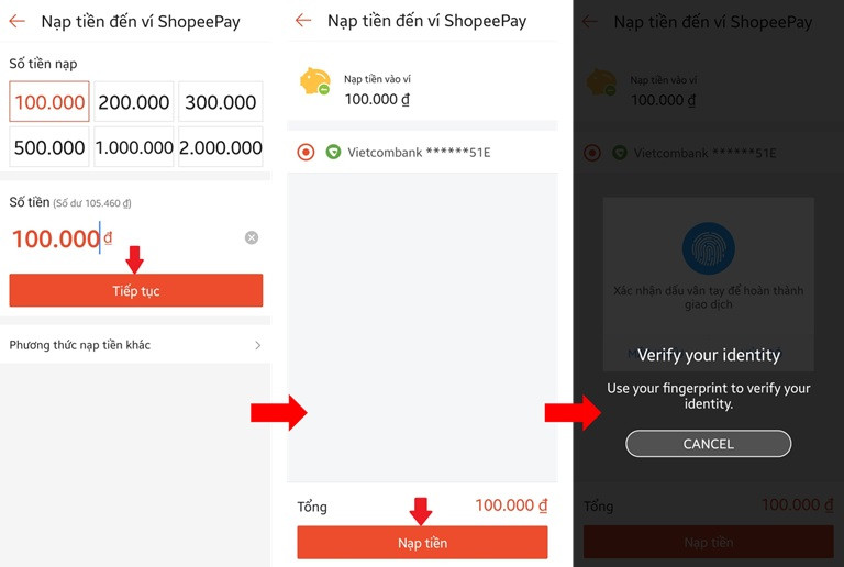 Cách nạp tiền vào ví Shopee Pay bằng tài khoản liên kết 