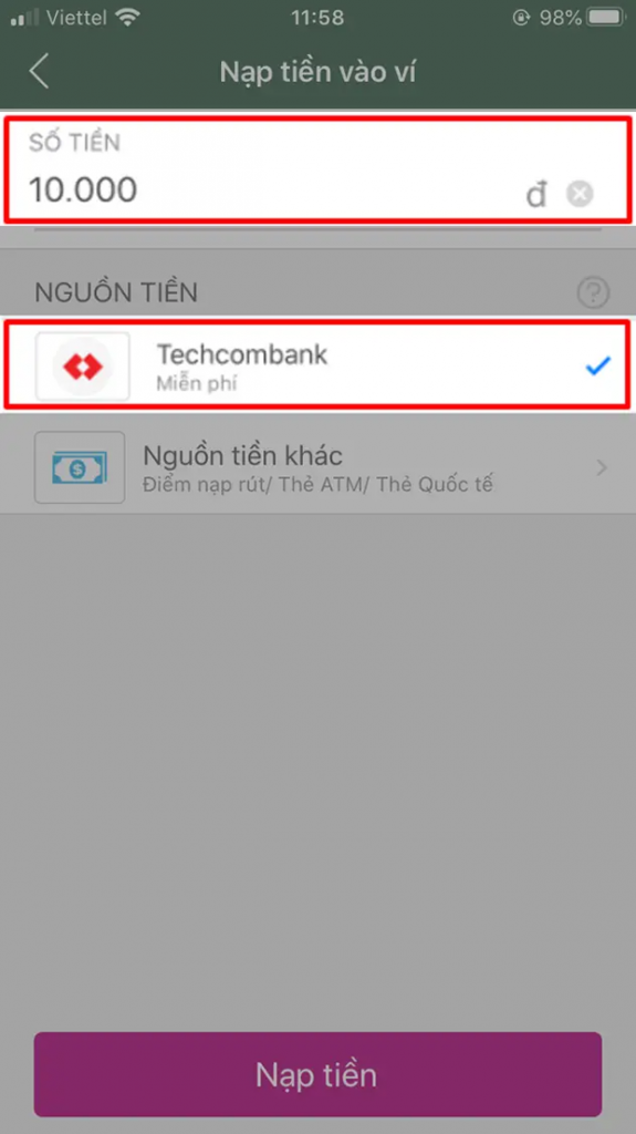 Nhập số tiền cần nộp vào MoMo với mệnh giá tối thiểu là 10.000 VNĐ 