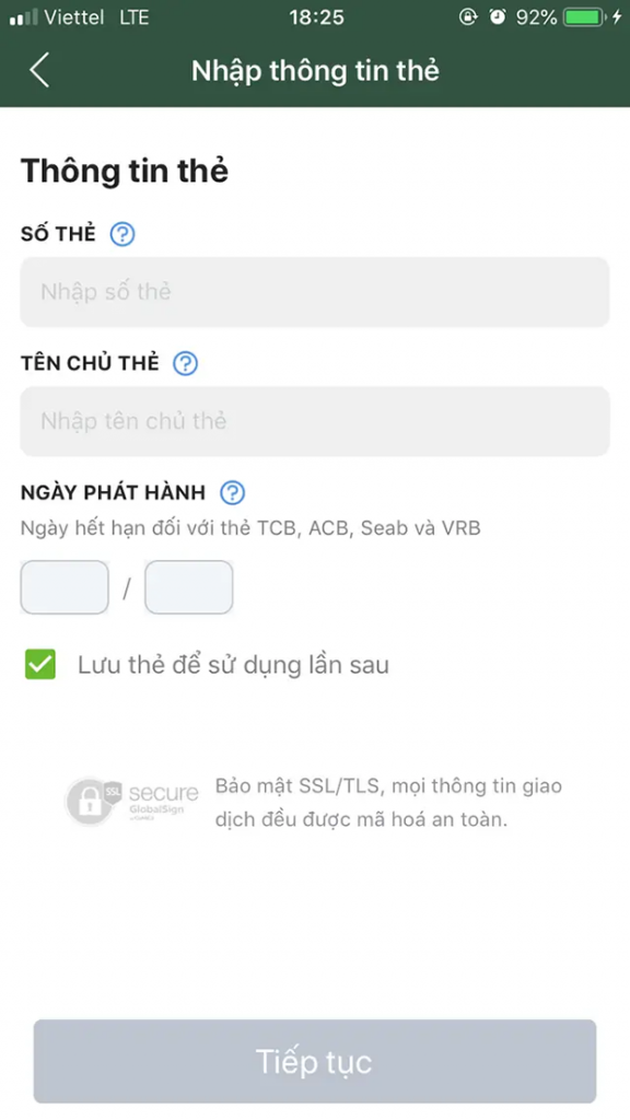 Nhập các thông tin chi tiết về thẻ ATM đang thực hiện nạp tiền