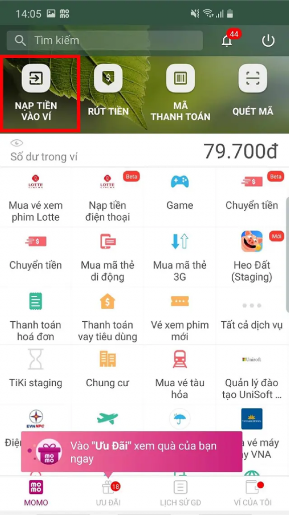 Chọn mục “NẠP TIỀN VÀO VÍ” tại màn hình chính