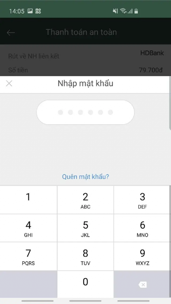 Nhập mật khẩu và hoàn tất giao dịch nạp tiền