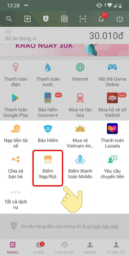 Chọn Điểm Nạp/Rút trên ứng dụng MoMo