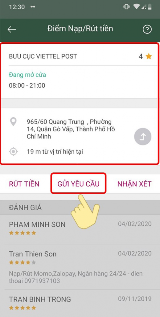 Chọn địa chỉ cụ thể muốn thực hiện giao dịch 