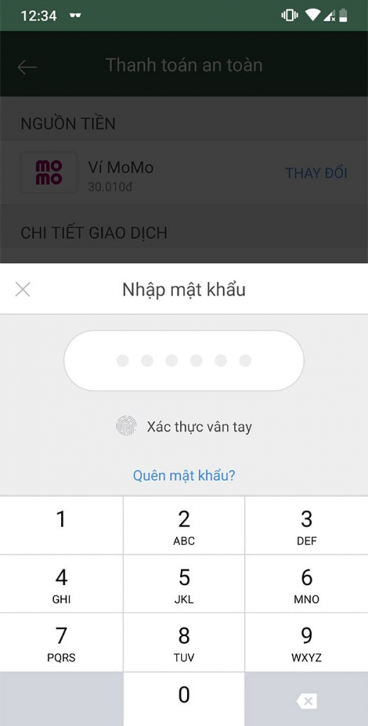 Nhập mật khẩu MoMo để hoàn tất giao dịch