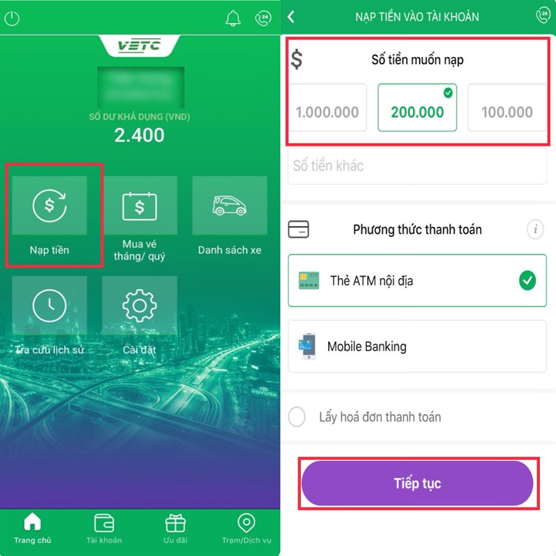 Thực hiện nạp tiền vào tài khoản VETC siêu nhanh trên ứng dụng có sẵn 