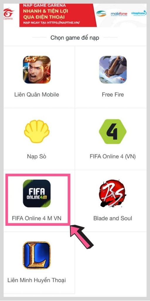 Chọn game Fifa online 4 để nạp game fifa online 4