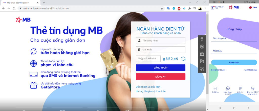 Trang chủ chính của hệ thống Mobile Banking của MB Bank