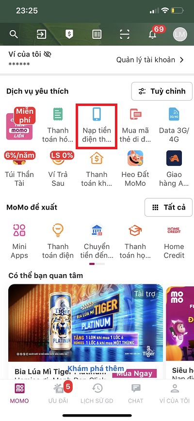 Chọn nạp tiền điện thoại