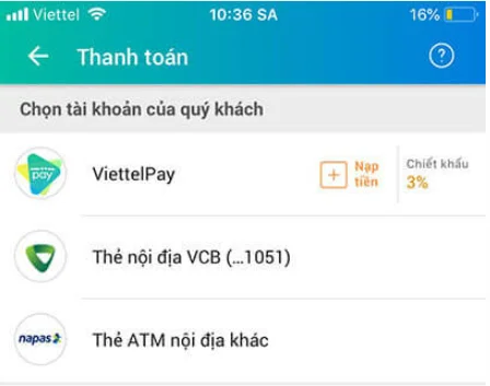 Chọn thẻ thanh toán ViettelPay