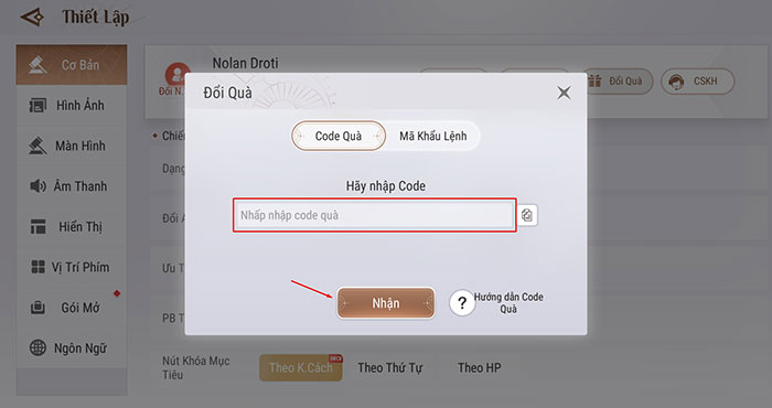 Tại tab Code Quà, nhập vào chính xác hoặc paste mã code được cung cấp vào ô trống