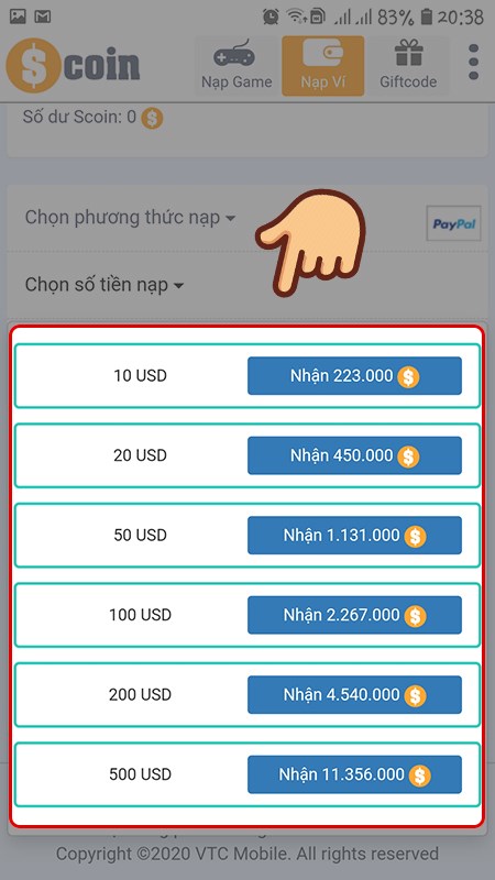 Chọn số tiền muốn nạp