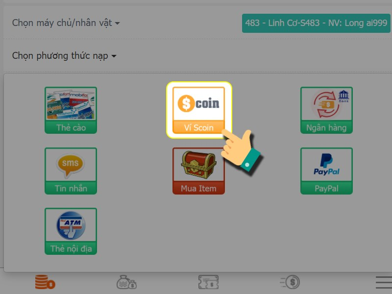 Chọn phương thức nạp ví Scoin