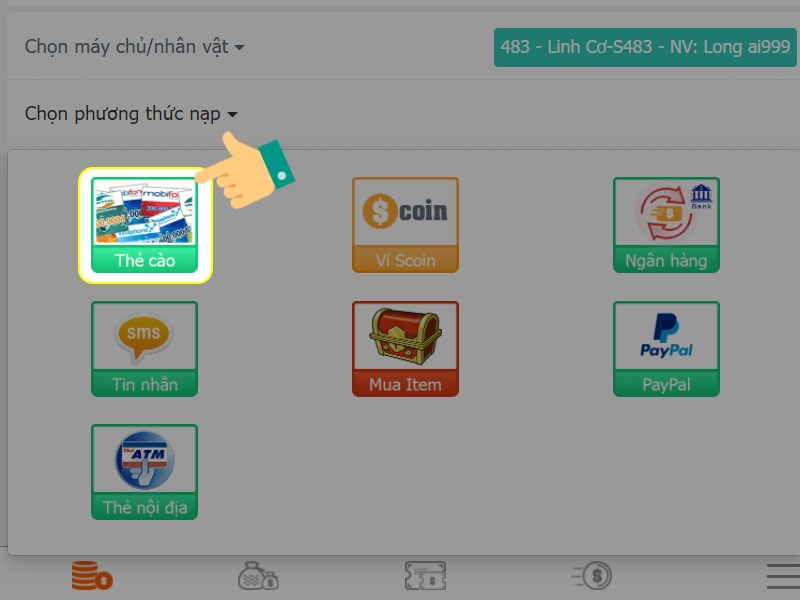 Chọn phương thức nạp thẻ cào
