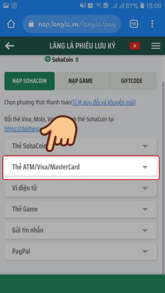 Chọn phương thức nạp thẻ ATM/Visa/Mastercard