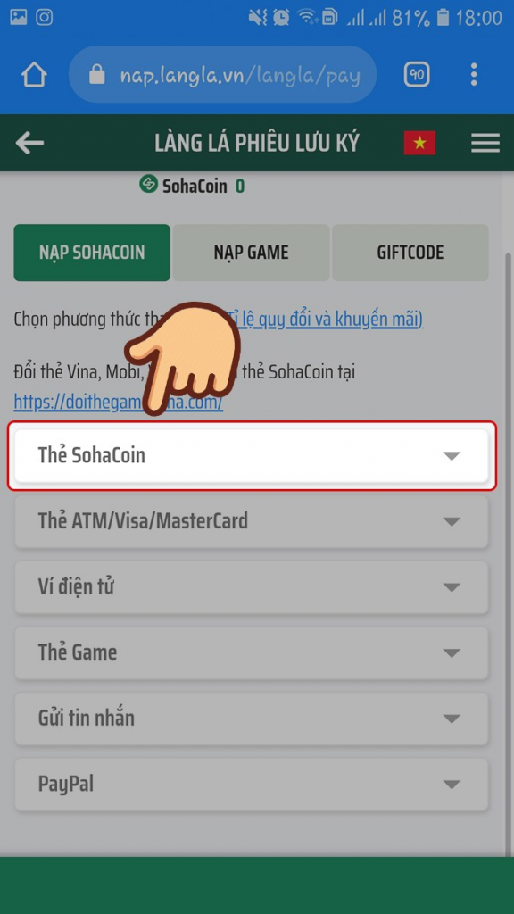 Chọn phương thức nạp thẻ Sohacoin