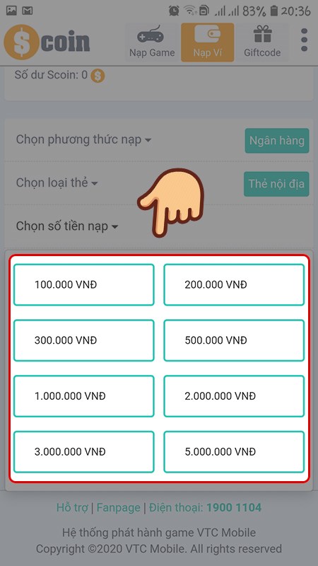 Chọn số tiền người chơi cần nạp