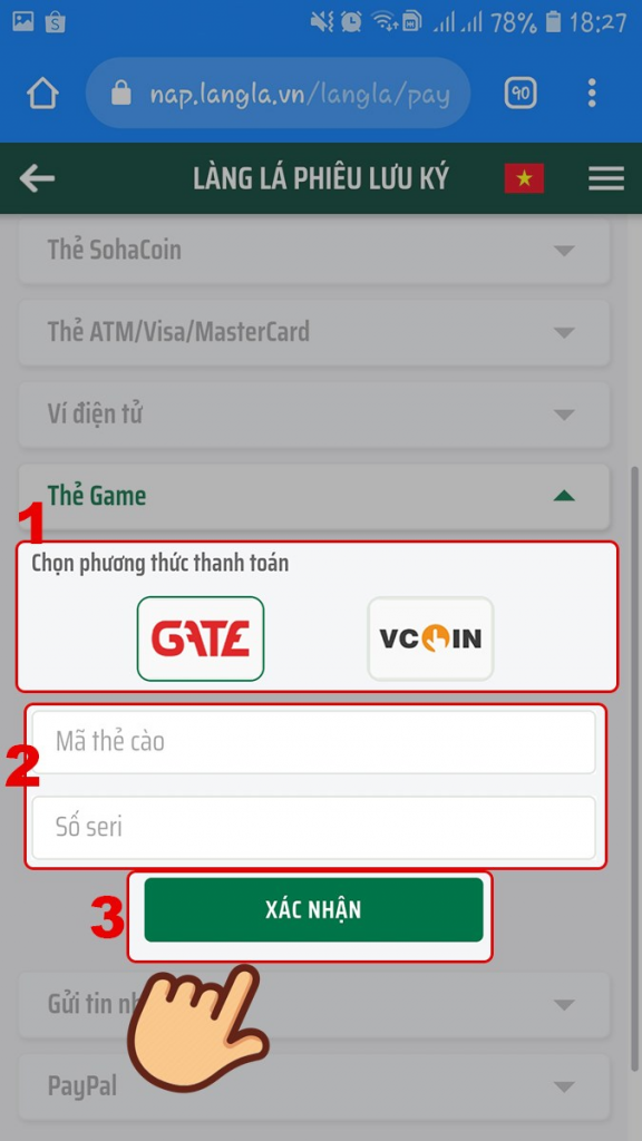 Chọn phương thức thanh toán, nhập mã thẻ cào, số seri