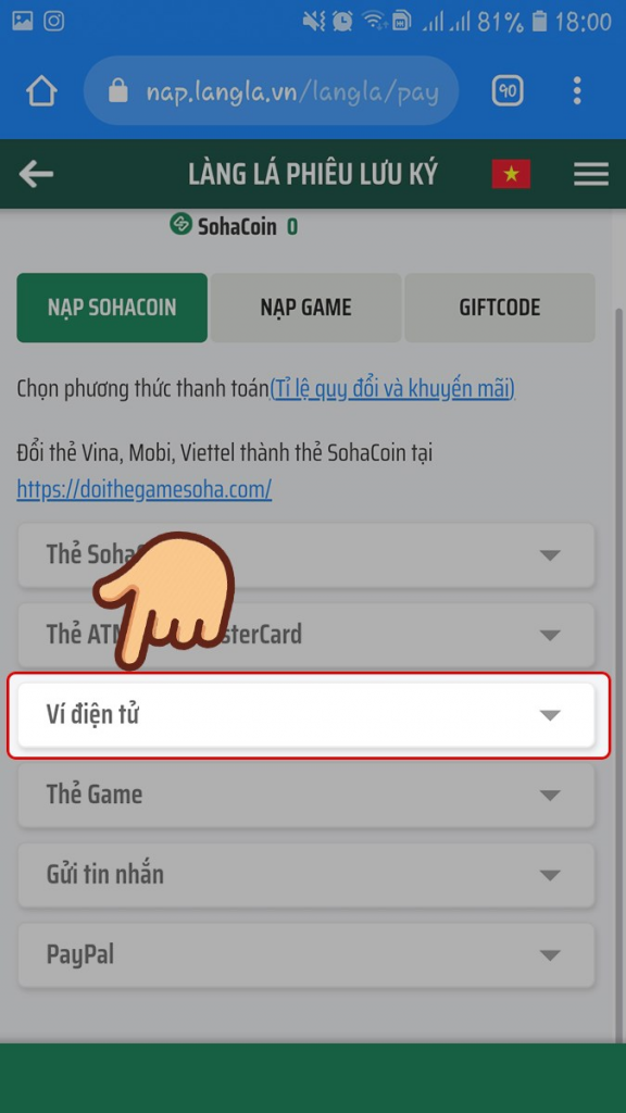 Chọn phương thức nạp ví điện tử