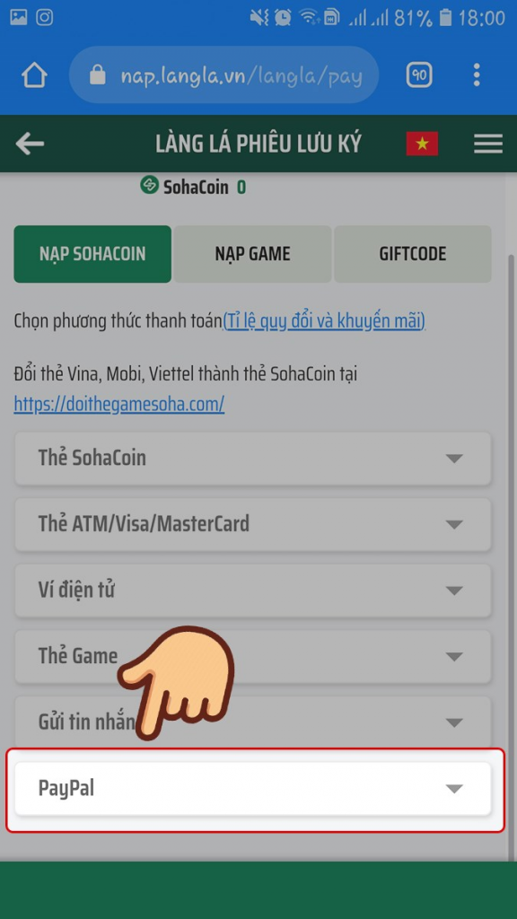 Chọn phương thức nạp PayPal