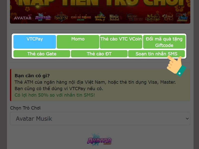 Nạp Avatar Musik thông qua cổng thanh toán VTC Pay