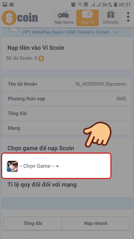 Chọn game cần nạp