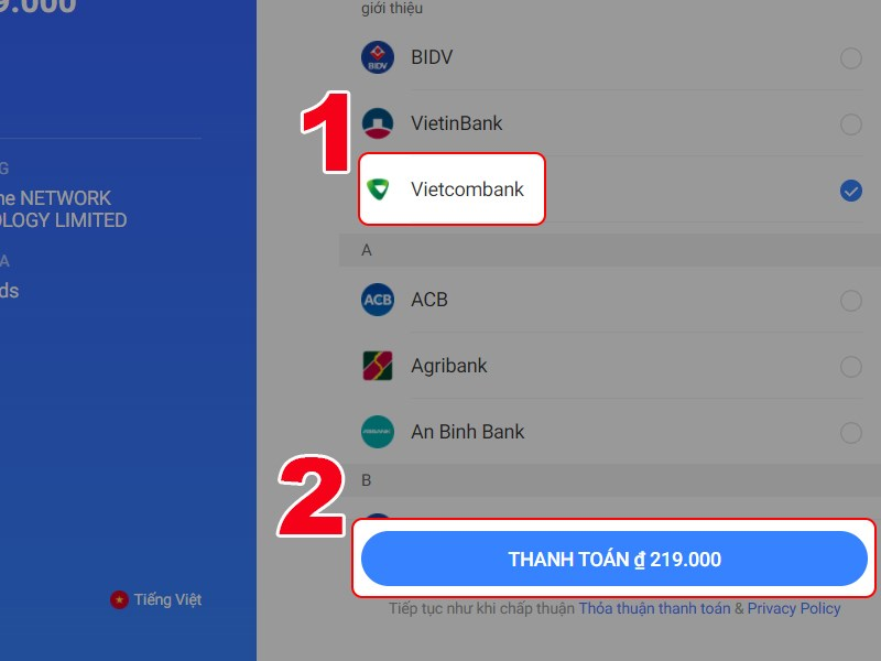 Chọn ngân hàng và nhấn thanh toán