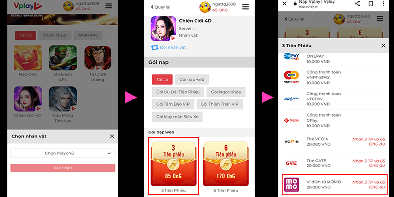 Nạp thẻ cho game Chiến giới 4D thông qua ví điện tử Momo
