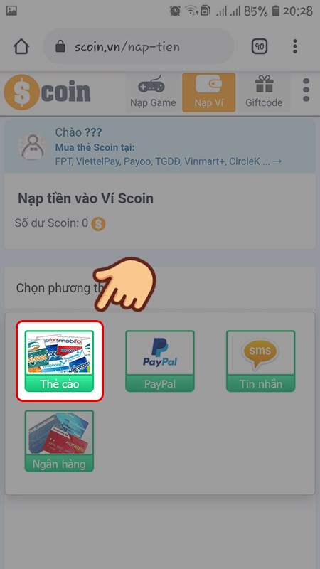 Chọn phương thức nạp là Thẻ cào