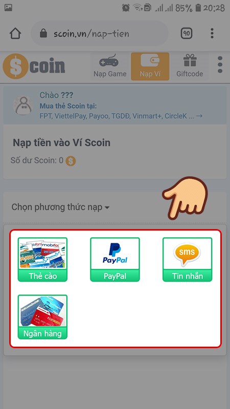 Chọn hình thức nạp muốn sử dụng