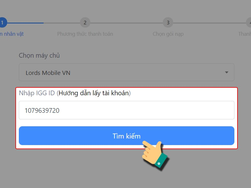 Nhập mã IGG ID và nhấn Tìm kiếm