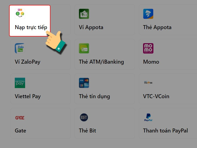 Chọn phương thức thanh toán Nạp trực tiếp