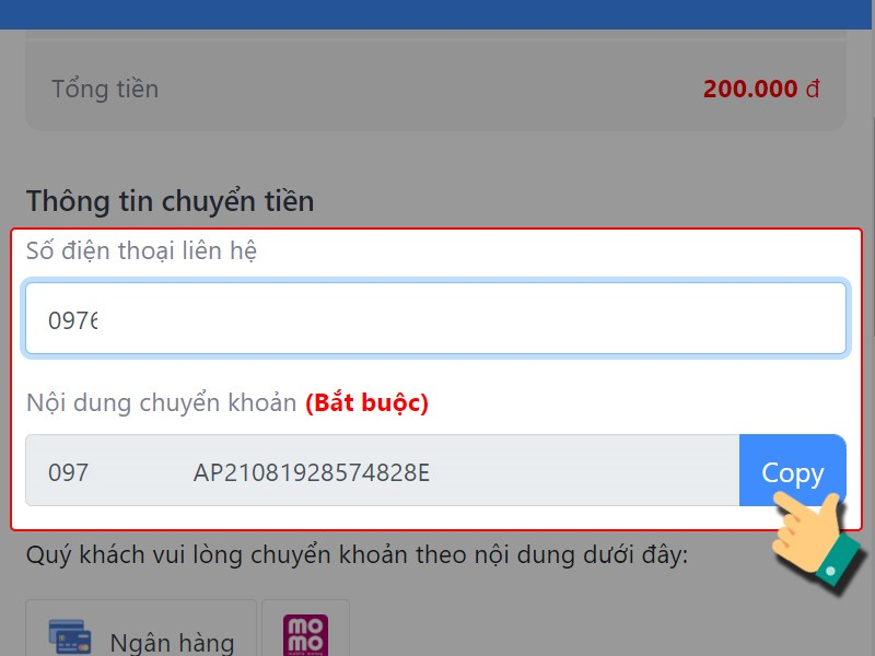 Nhấn Copy nội dung chuyển khoản