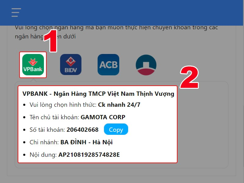 Chuyển khoản theo thông tin cung cấp 