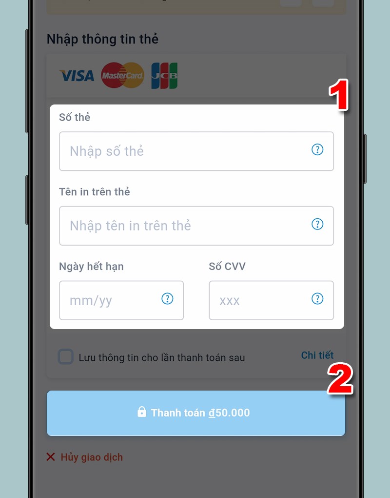 Điền thông tin thẻ và chọn Thanh toán