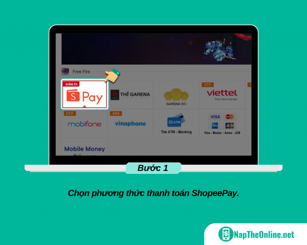 Chọn phương thức thanh toán ShopeePay để nạp thẻ Garena